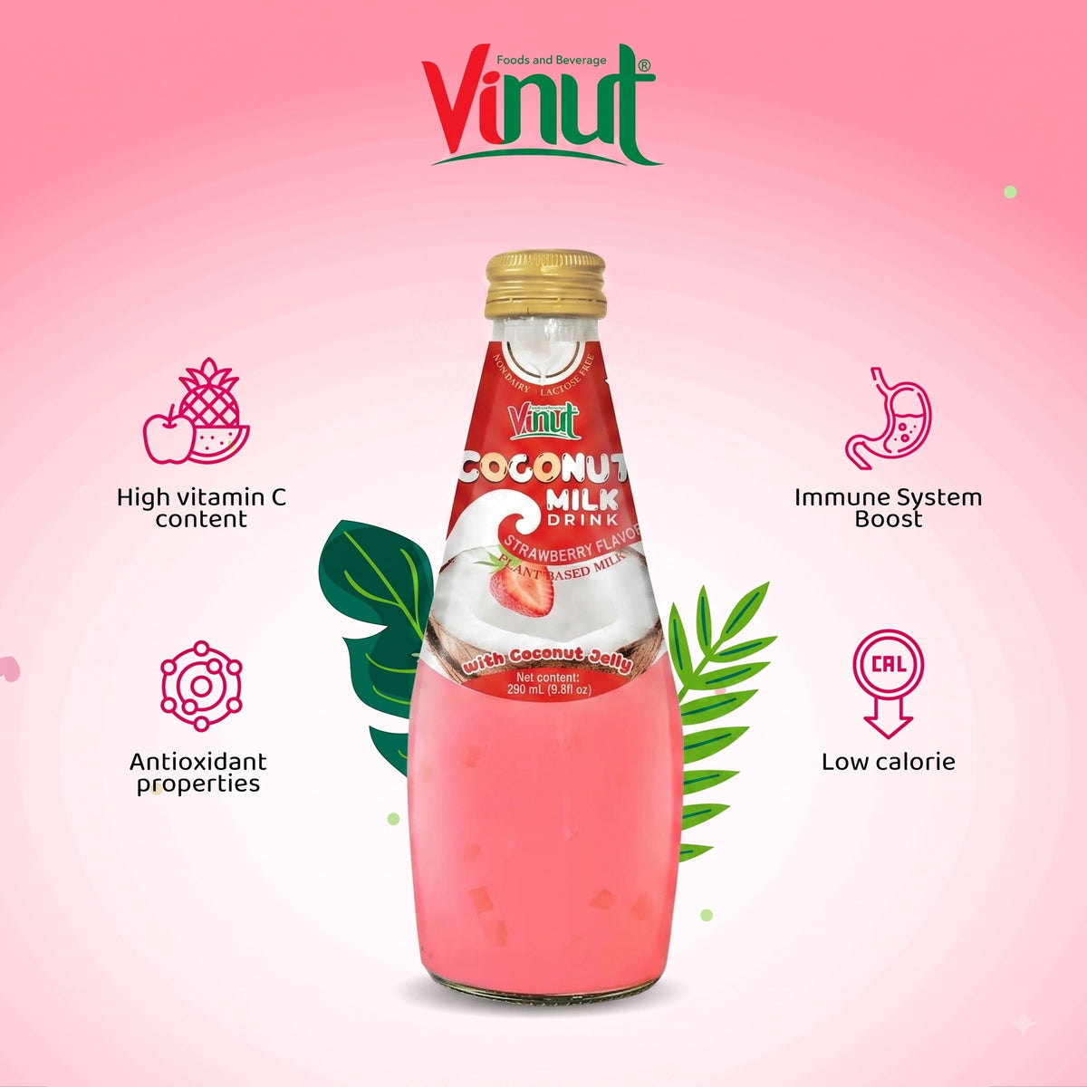 Strawberry Coconut Milk with Nata de Coco — 12 Pack | Creamy Coconut Drink with Jelly Pieces