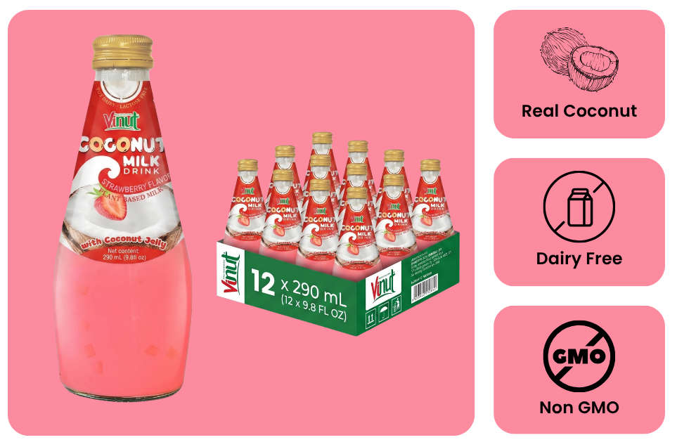 Strawberry Coconut Milk with Nata de Coco — 12 Pack | Creamy Coconut Drink with Jelly Pieces