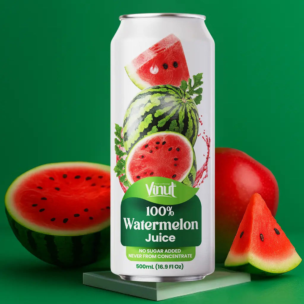 VINUT 100% watermelon juice can on table with fresh tropical fruit