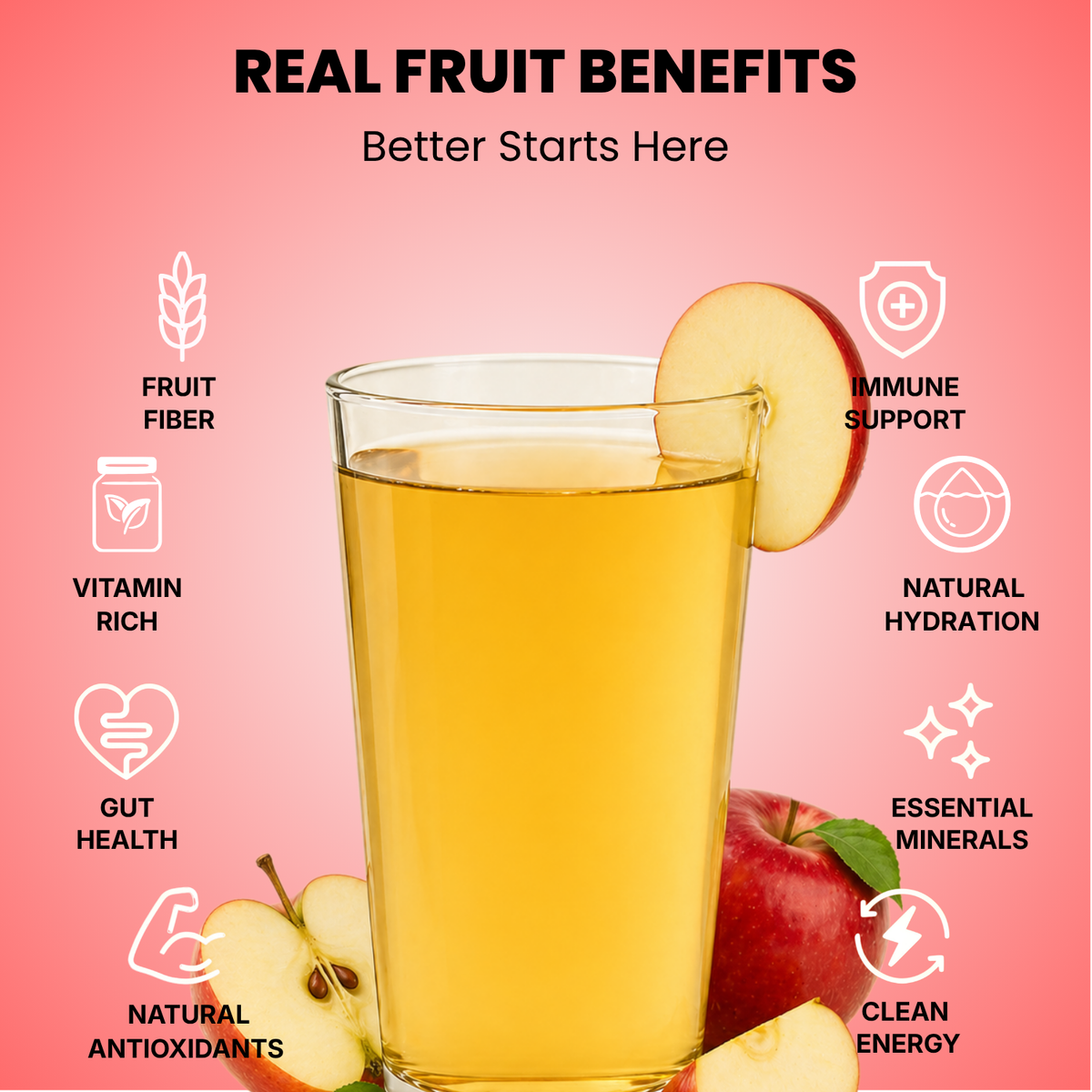 Real fruit benefits infographic for Vinut apple juice served in a glass with fresh apples