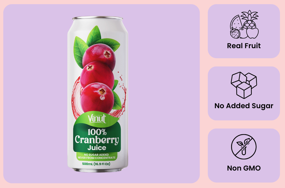 Vinut 100% cranberry juice attributes including no added sugar and not from concentrate