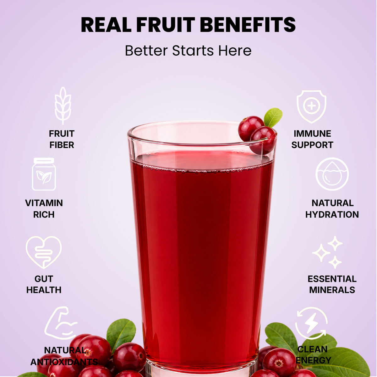 Real fruit benefits infographic for Vinut cranberry juice served in a glass with fresh cranberry fruit
