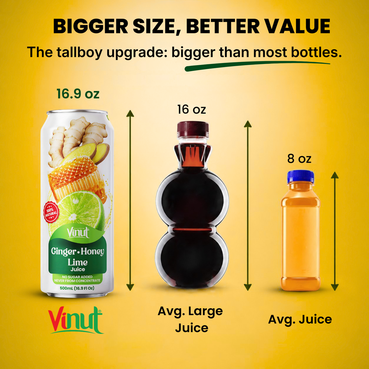 Vinut 16.9 oz ginger honey lime juice tallboy can compared with 16 oz and 8 oz juice bottles