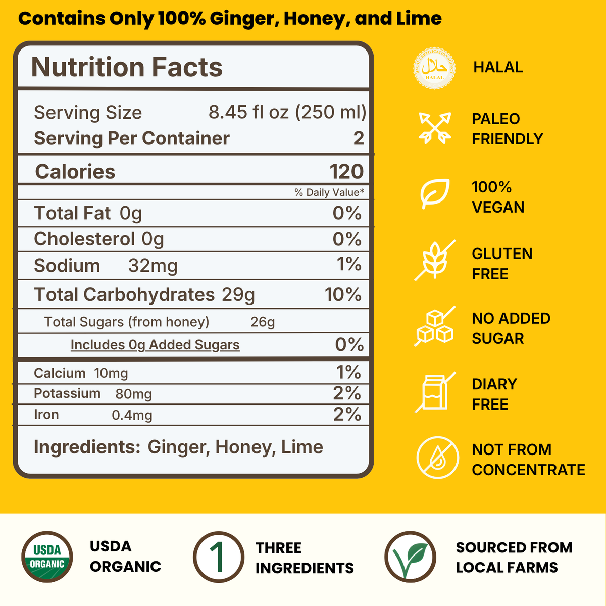 Nutrition Facts and ingredients for VINUT 100% ginger honey lime juice with no added sugar