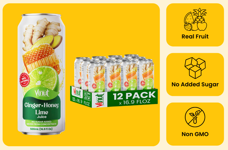 Vinut 100% Ginger Honey Lime juice attributes including no added sugar and not from concentrate
