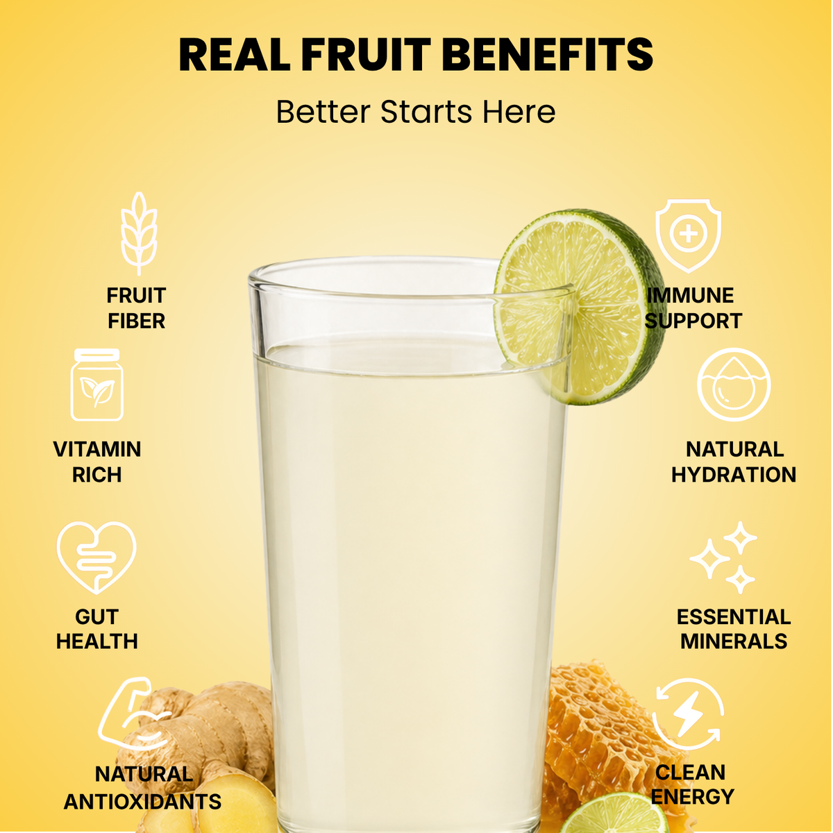 Real fruit benefits infographic for Vinut ginger honey lime juice served in a glass with fresh sugarcane