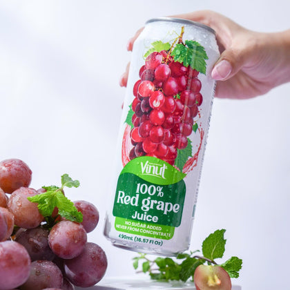 VINUT 100% grape juice no pulp 500 mL can displayed with fresh fruit ingredients