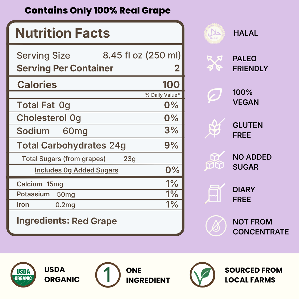 Nutrition Facts and ingredients for VINUT 100% grape juice with no added sugar
