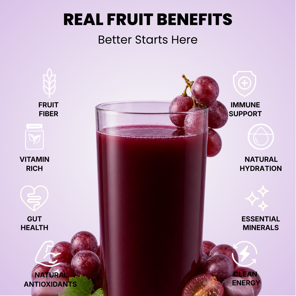 Real fruit benefits infographic for Vinut grape juice served in a glass with fresh soursop fruit