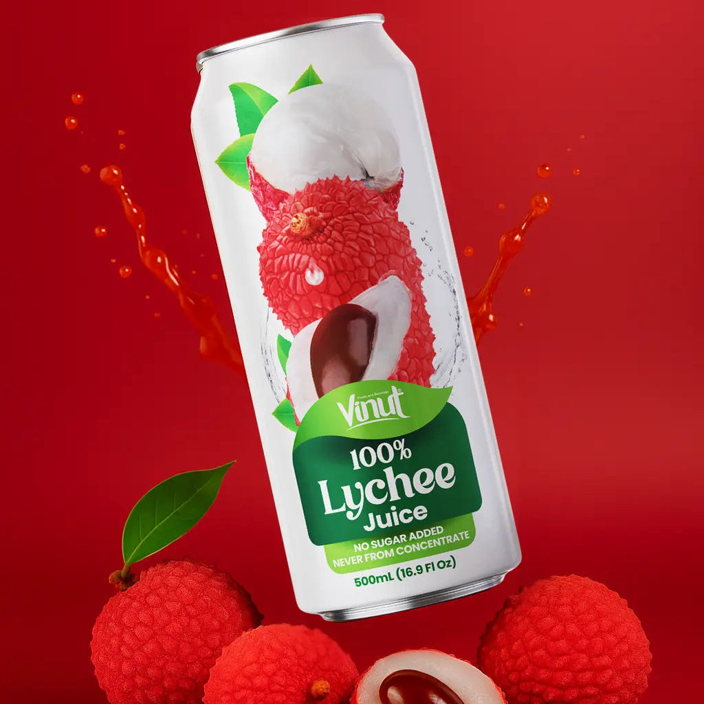 VINUT 100% lychee juice can on table with fresh tropical fruit