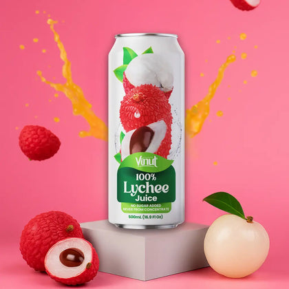 VINUT 100% lychee juice no pulp 500 mL can displayed with fresh fruit ingredients