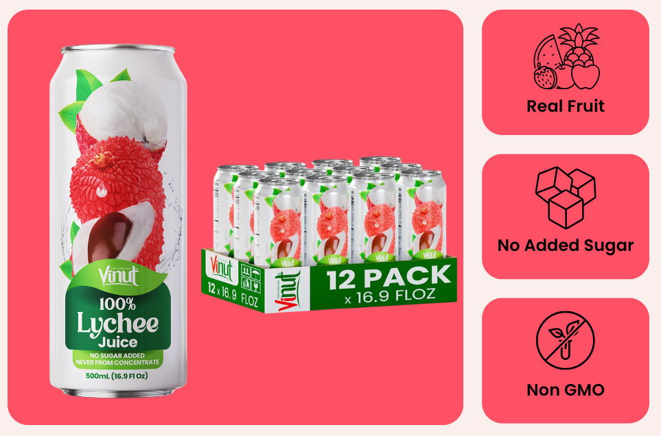 Vinut 100% lychee juice attributes including no added sugar and not from concentrate