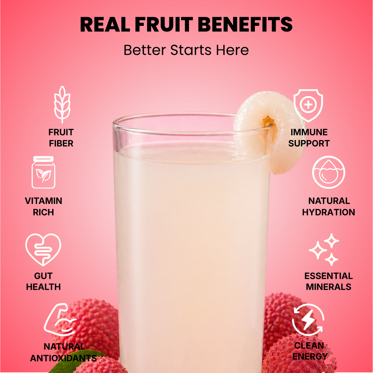 Real fruit benefits infographic for Vinut lychee juice served in a glass with fresh soursop fruit