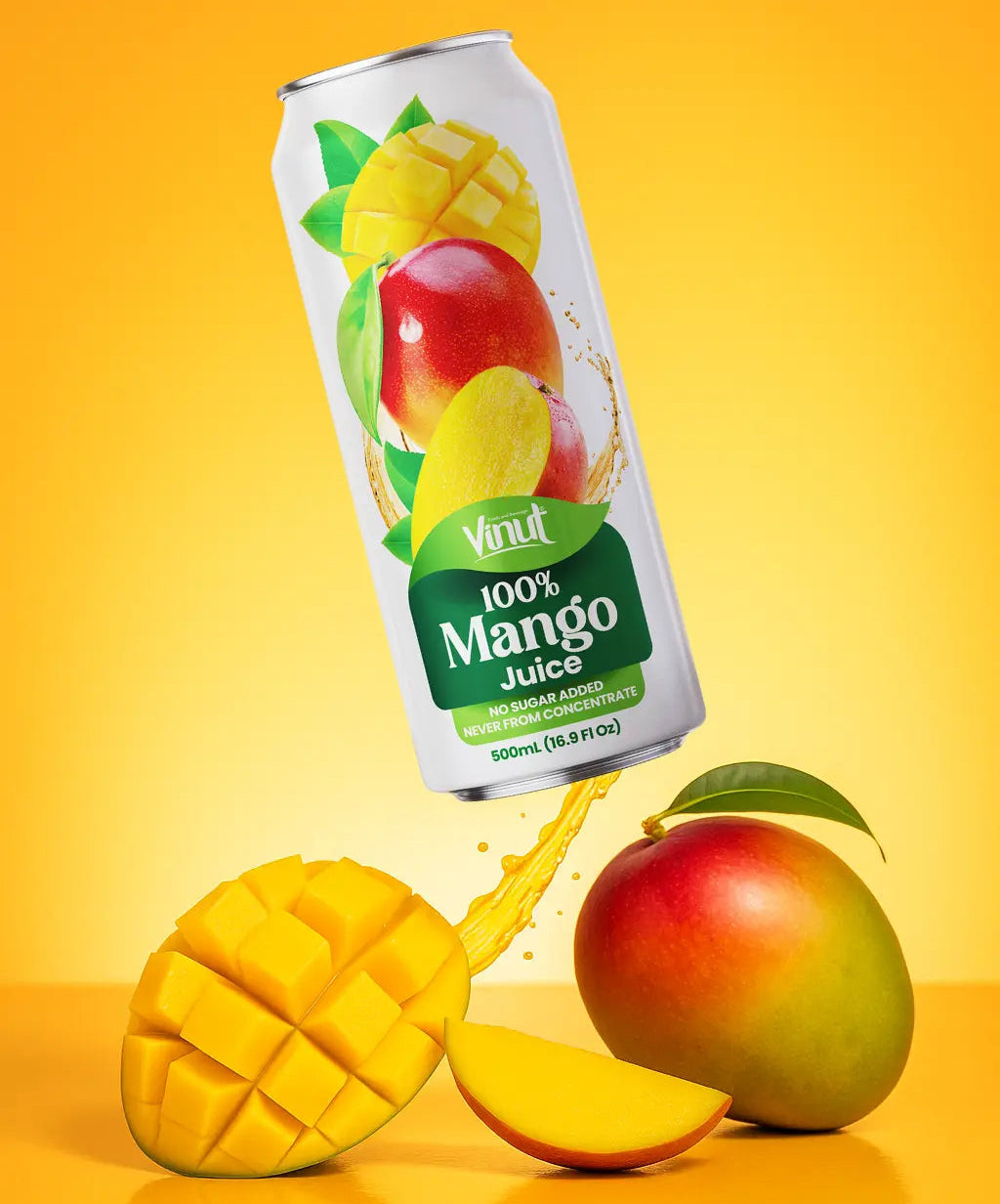 VINUT 100% mango juice no pulp 500 mL can displayed with fresh fruit ingredients
