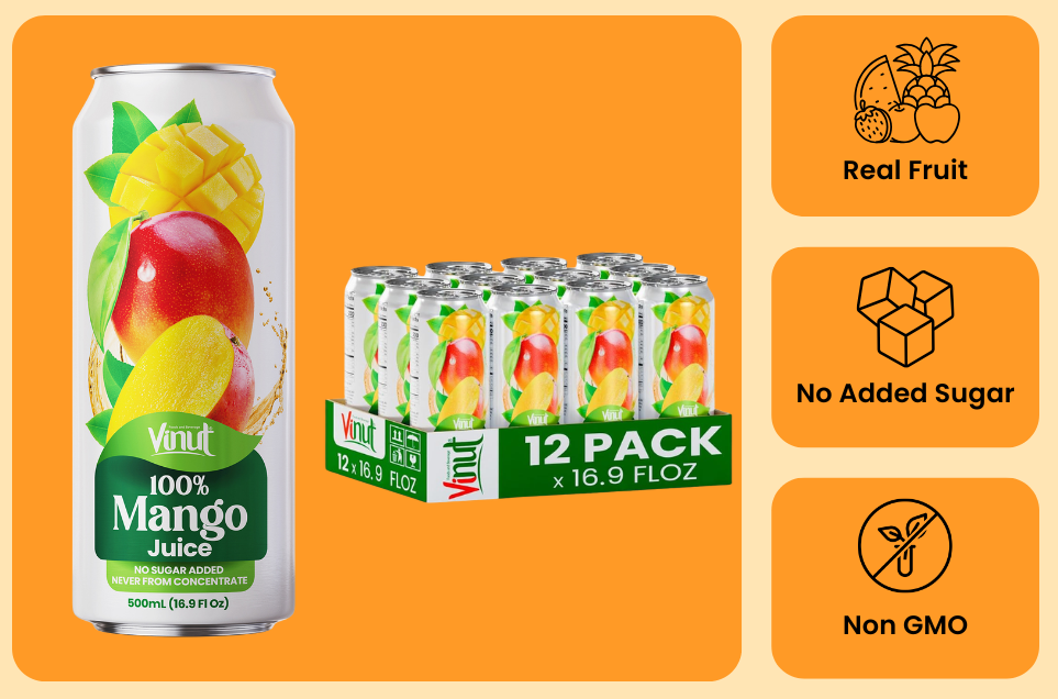 Vinut 100% mango juice attributes including no added sugar and not from concentrate