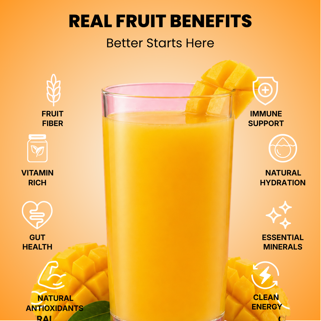 Real fruit benefits infographic for Vinut mango juice served in a glass with fresh apples