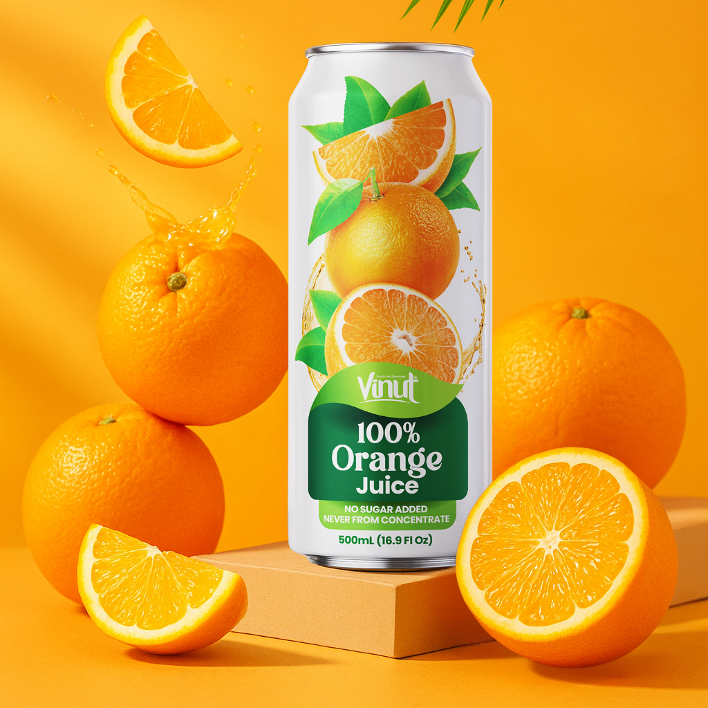 VINUT 100% orange juice no pulp 500 mL can displayed with fresh fruit ingredients