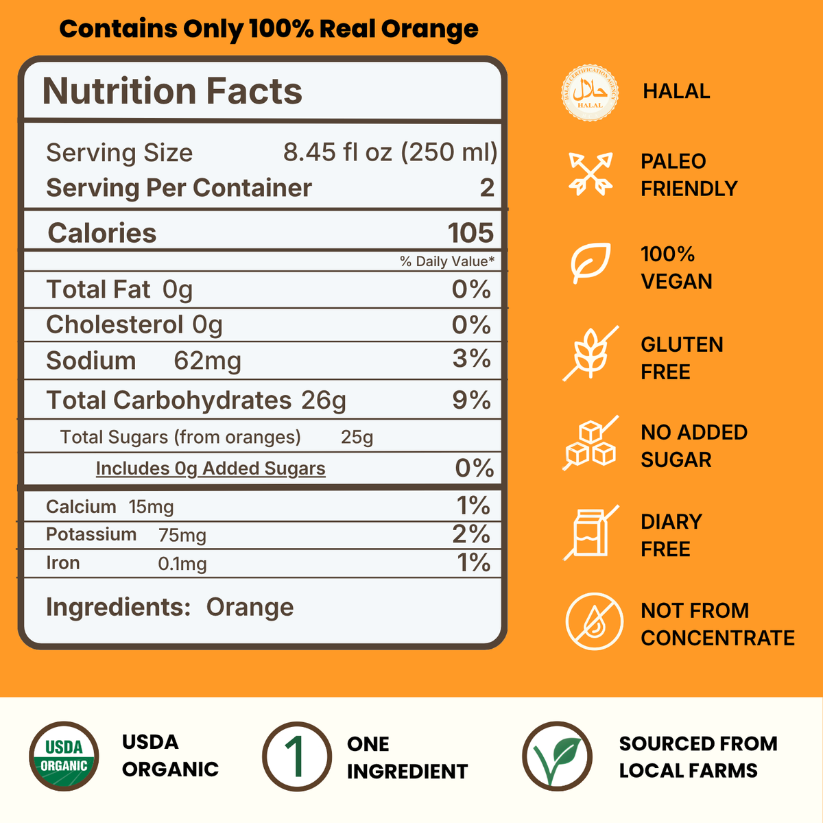 Nutrition Facts and ingredients for VINUT 100% orange juice with no added sugar
