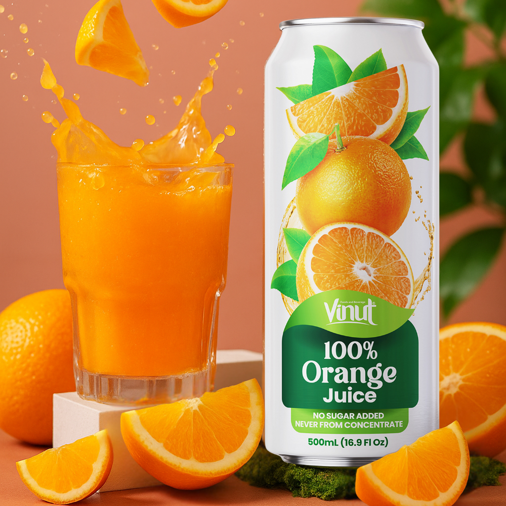 VINUT 100% orange juice can on table poured into glass with fresh tropical fruit
