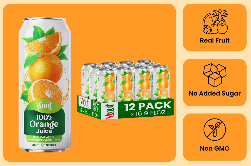 Vinut 100% orange juice attributes including no added sugar and not from concentrate
