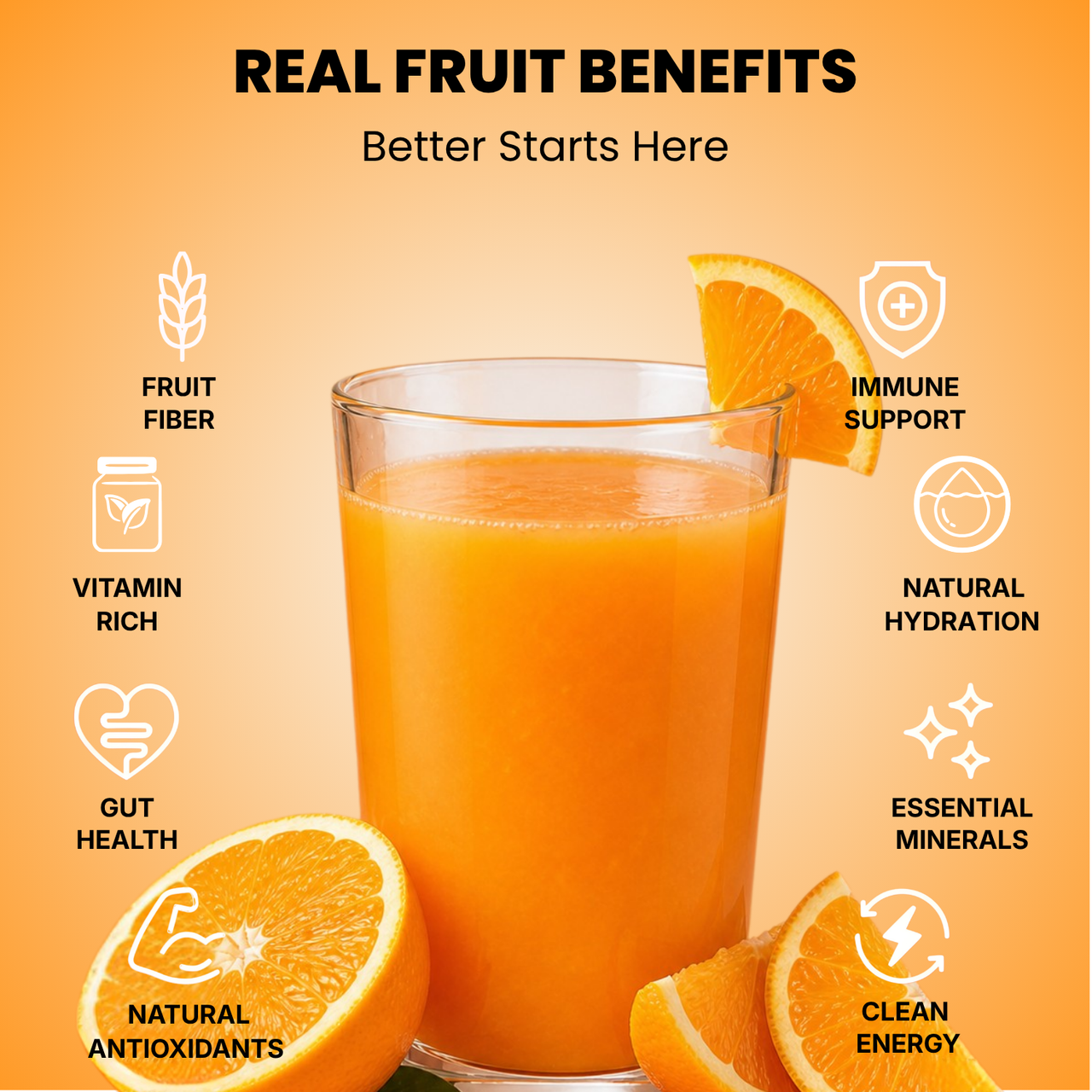 Real fruit benefits infographic for Vinut orange juice served in a glass with fresh apples