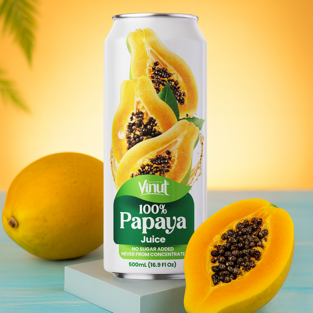 VINUT 100% papaya juice no pulp 500 mL can displayed with fresh fruit ingredients