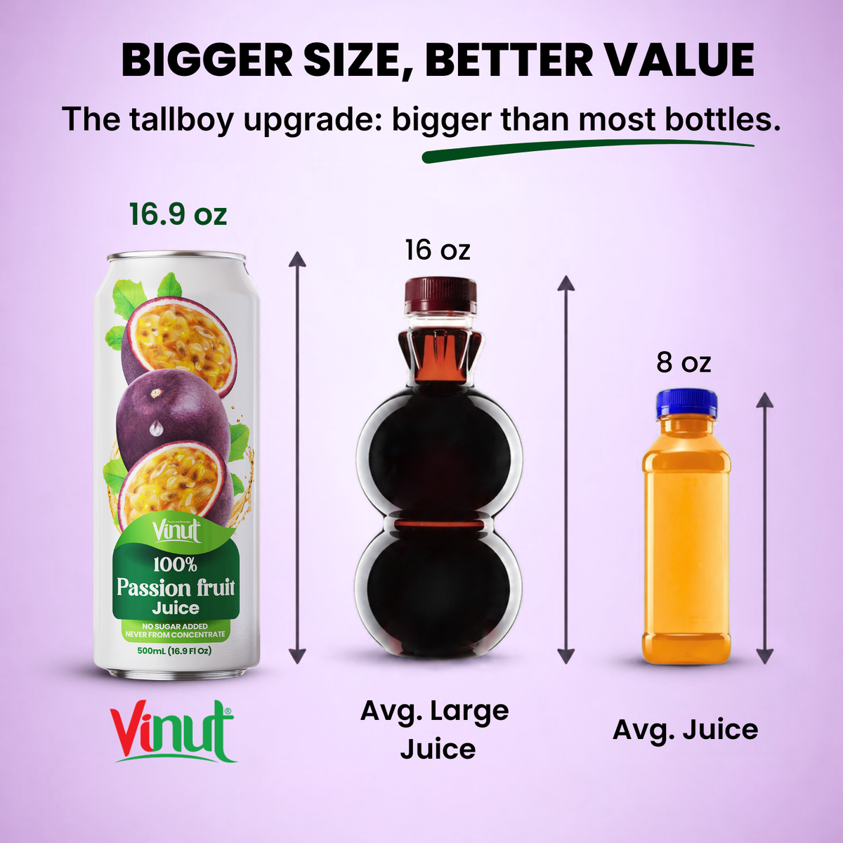 Vinut 16.9 oz passion fruit juice tallboy can compared with 16 oz and 8 oz juice bottles