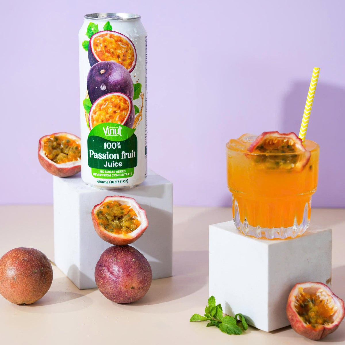 VINUT 100% passion fruit juice no pulp 500 mL can displayed with fresh fruit ingredients