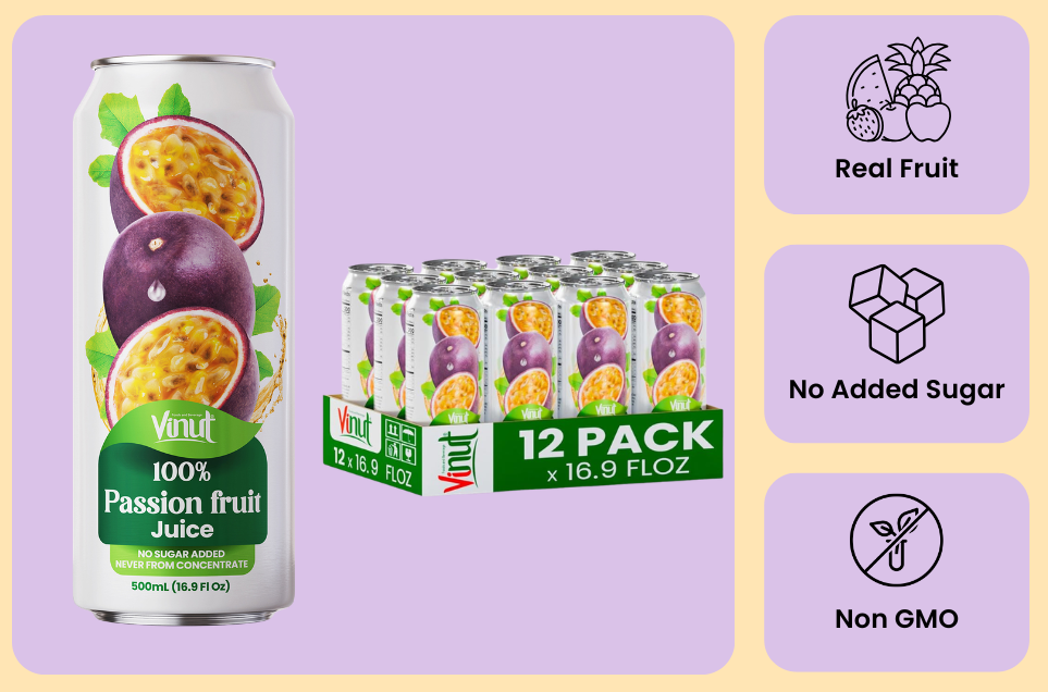 Vinut 100% passion fruit juice attributes including no added sugar and not from concentrate