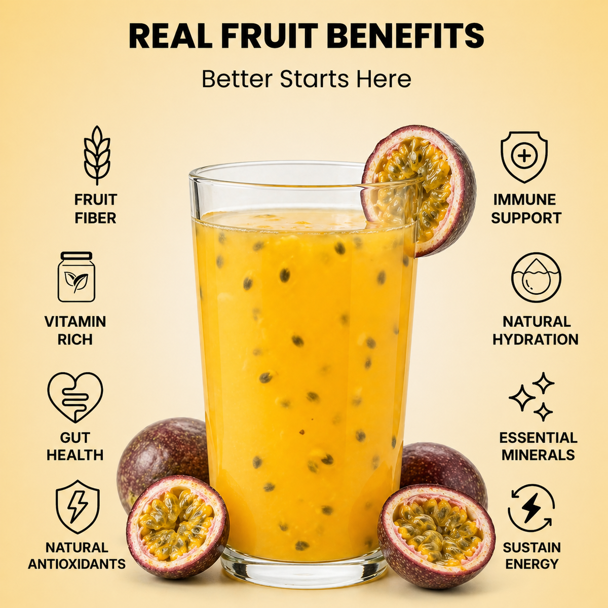 Real fruit benefits infographic for Vinut passion fruit juice served in a glass with fresh tropical fruit