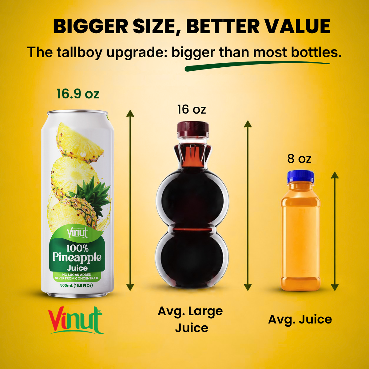 Vinut 16.9 oz pineapple juice tallboy can compared with 16 oz and 8 oz juice bottles