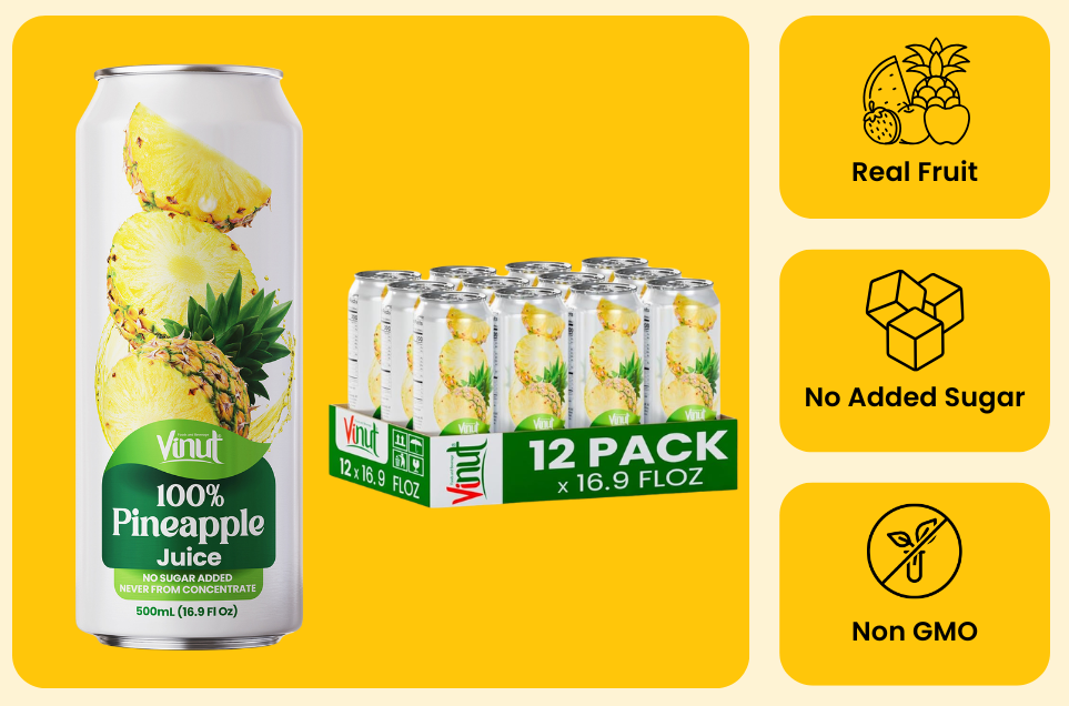 Vinut 100% pineapple juice attributes including no added sugar and not from concentrate