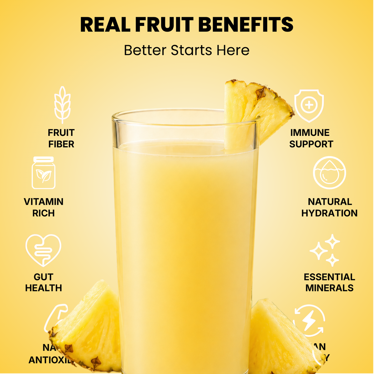 Real fruit benefits infographic for Vinut pineapple juice served in a glass with fresh soursop fruit