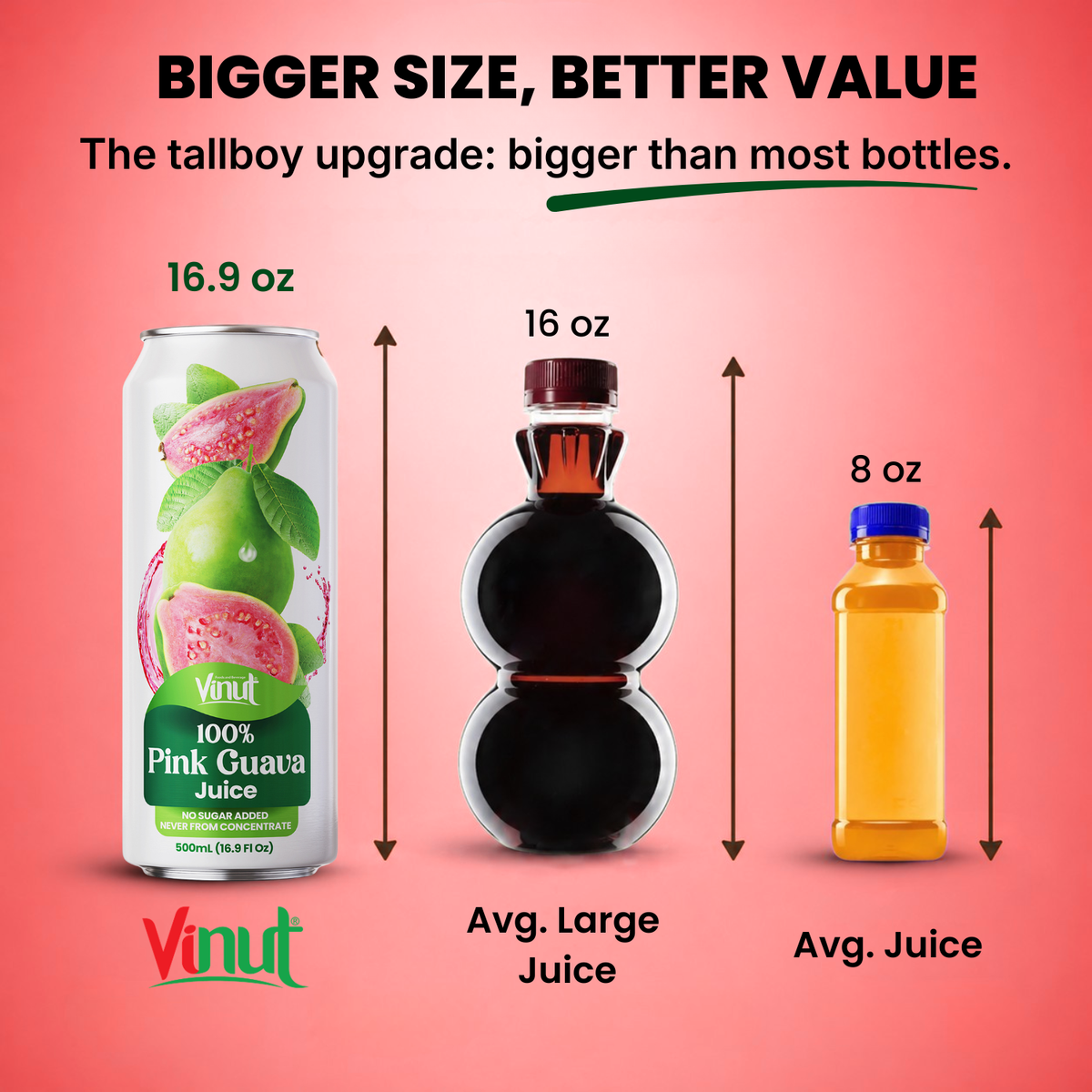 Vinut 16.9 oz pink guava juice tallboy can compared with 16 oz and 8 oz juice bottles