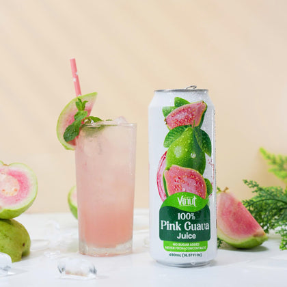 VINUT 100% pink guava juice no pulp 500 mL can displayed with fresh fruit ingredients