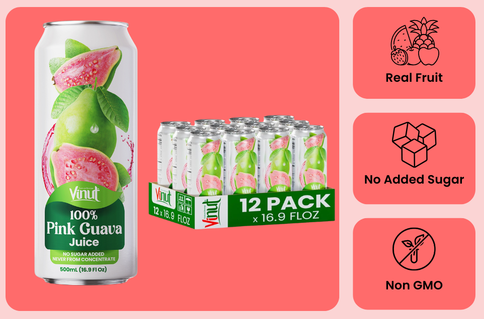 Vinut 100% pink guava juice attributes including no added sugar and not from concentrate