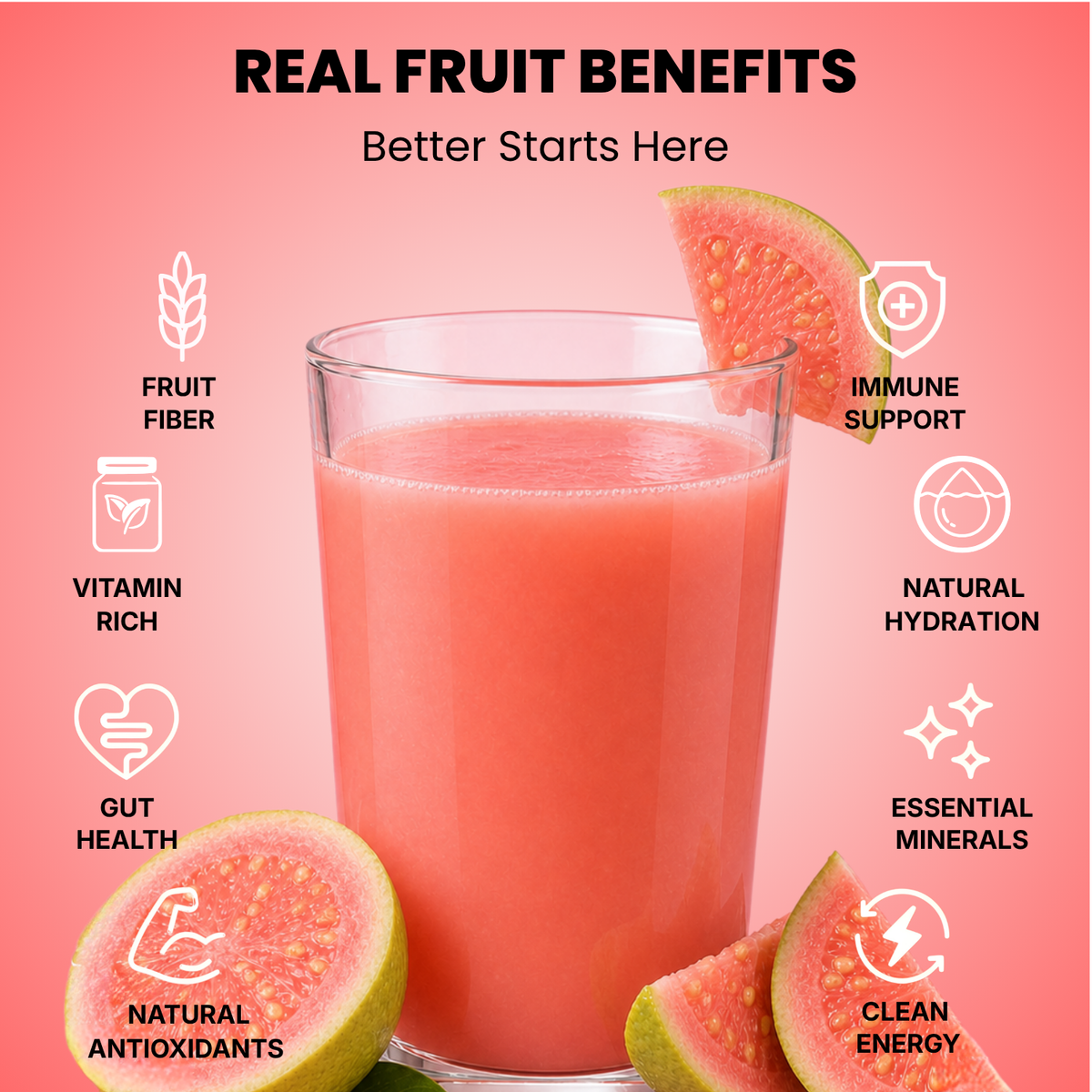 Real fruit benefits infographic for Vinut pink-guava juice served in a glass with fresh apples