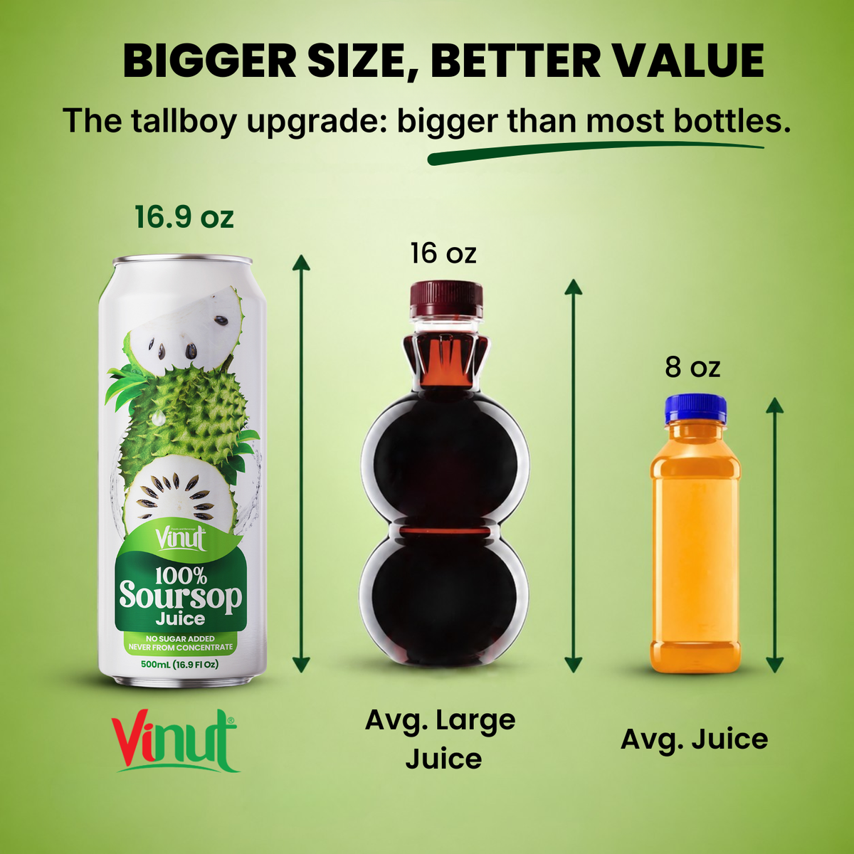 Vinut 16.9 oz soursop juice tallboy can compared with 16 oz and 8 oz juice bottles