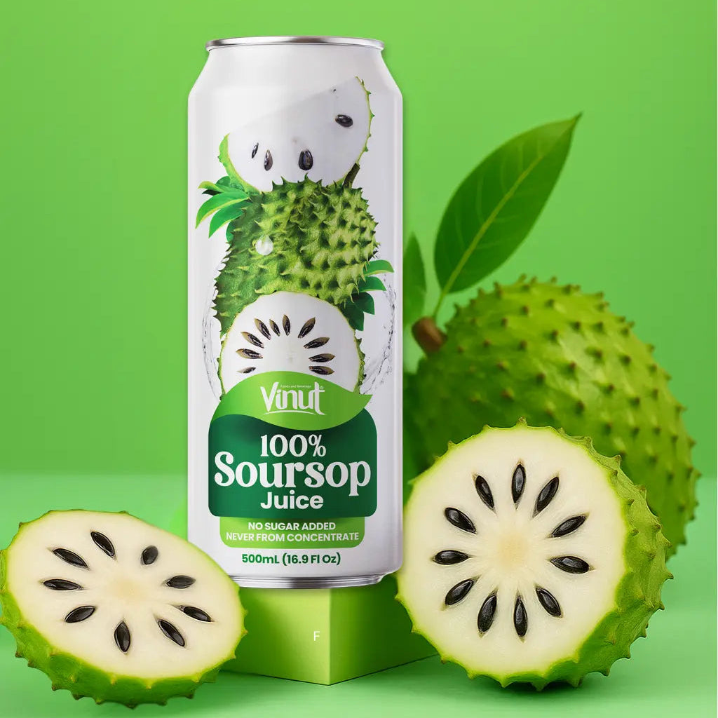 Floating VINUT 100% soursop juice can above fresh tropical fruit