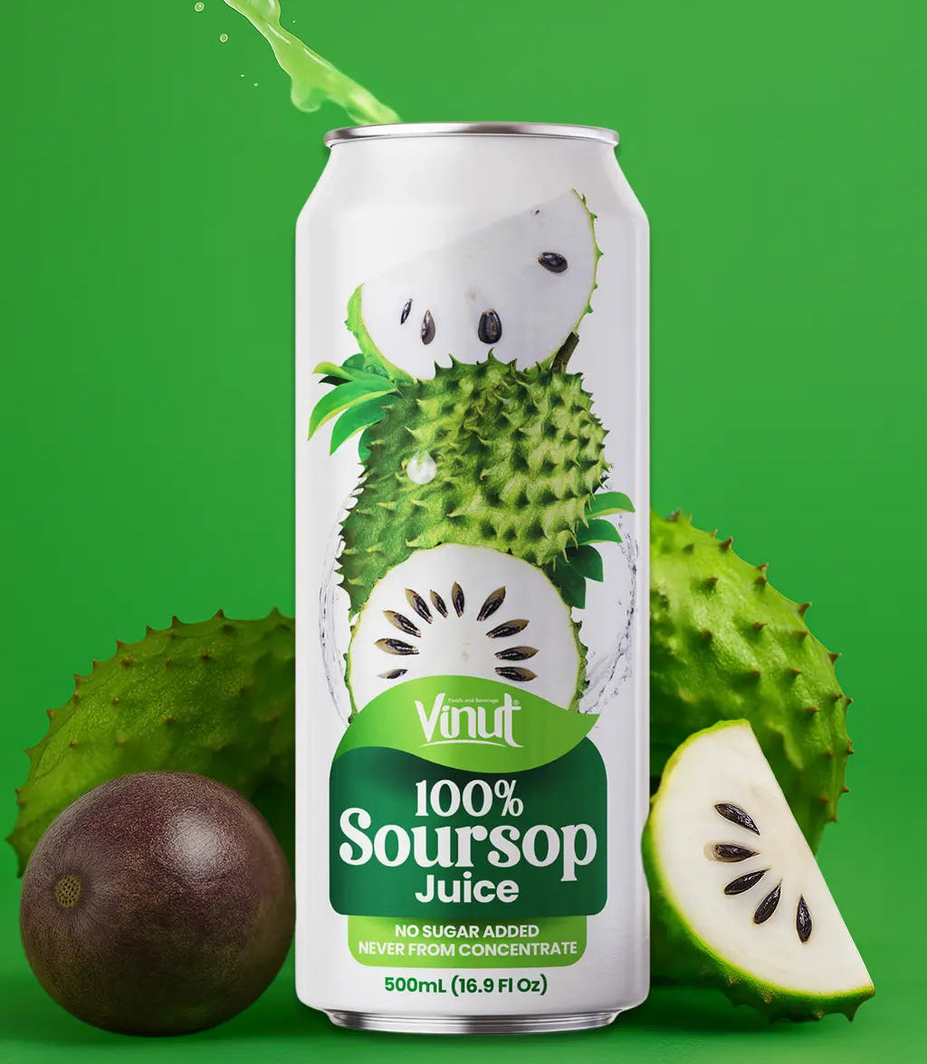VINUT 100% soursop juice no pulp 500 mL can displayed with fresh fruit ingredients