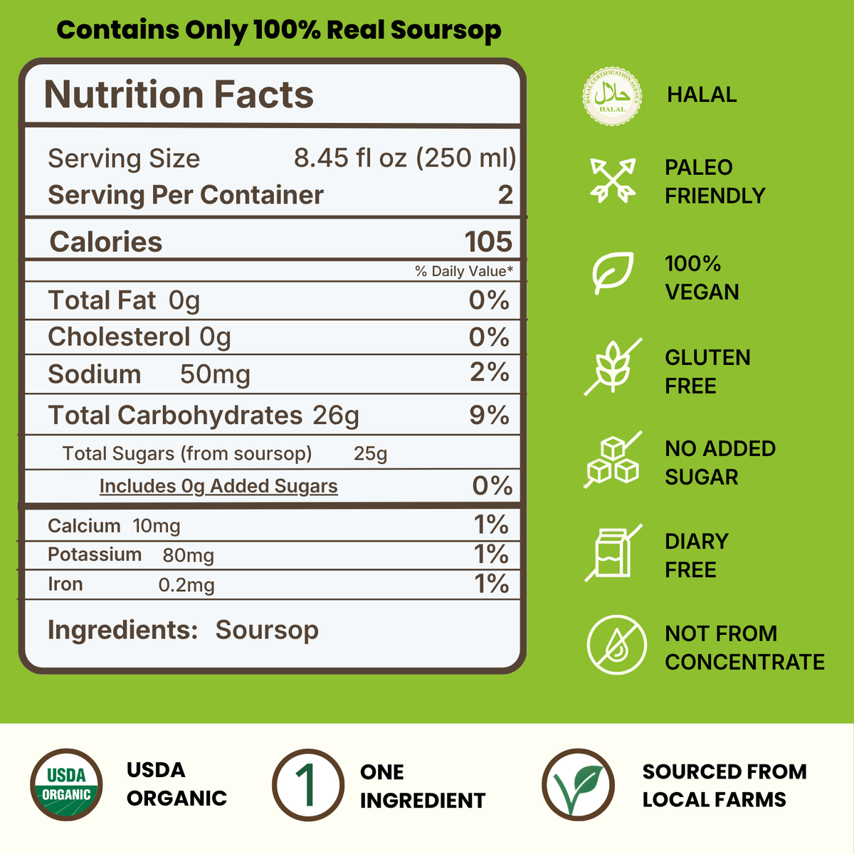 Nutrition Facts and ingredients for VINUT 100% soursop juice with no added sugar