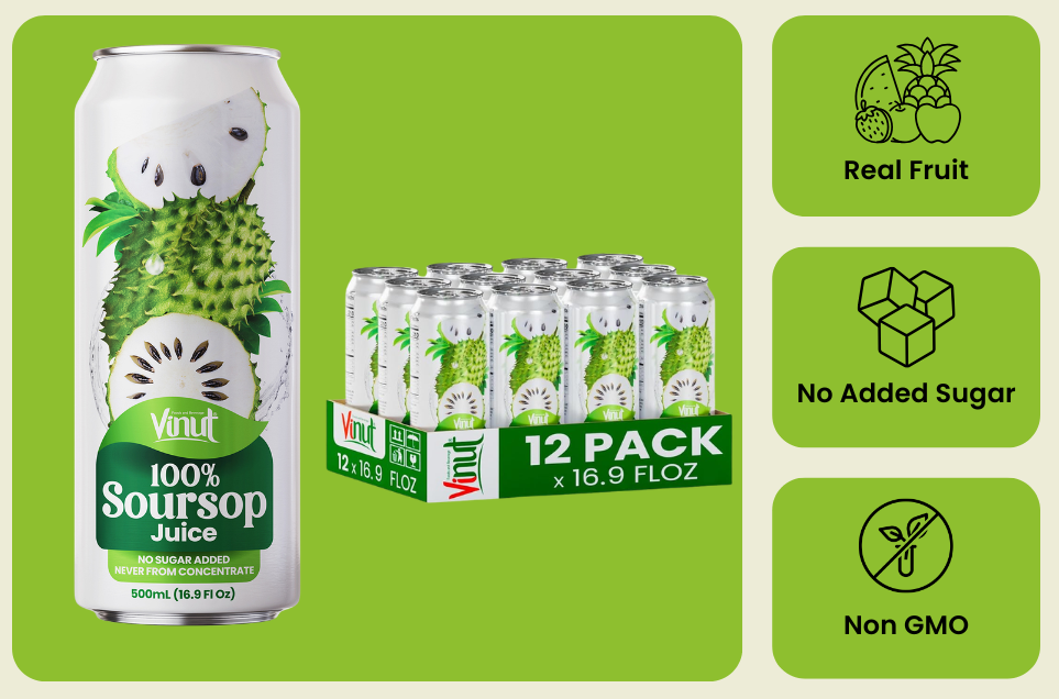Vinut 100% soursop juice attributes including no added sugar and not from concentrate