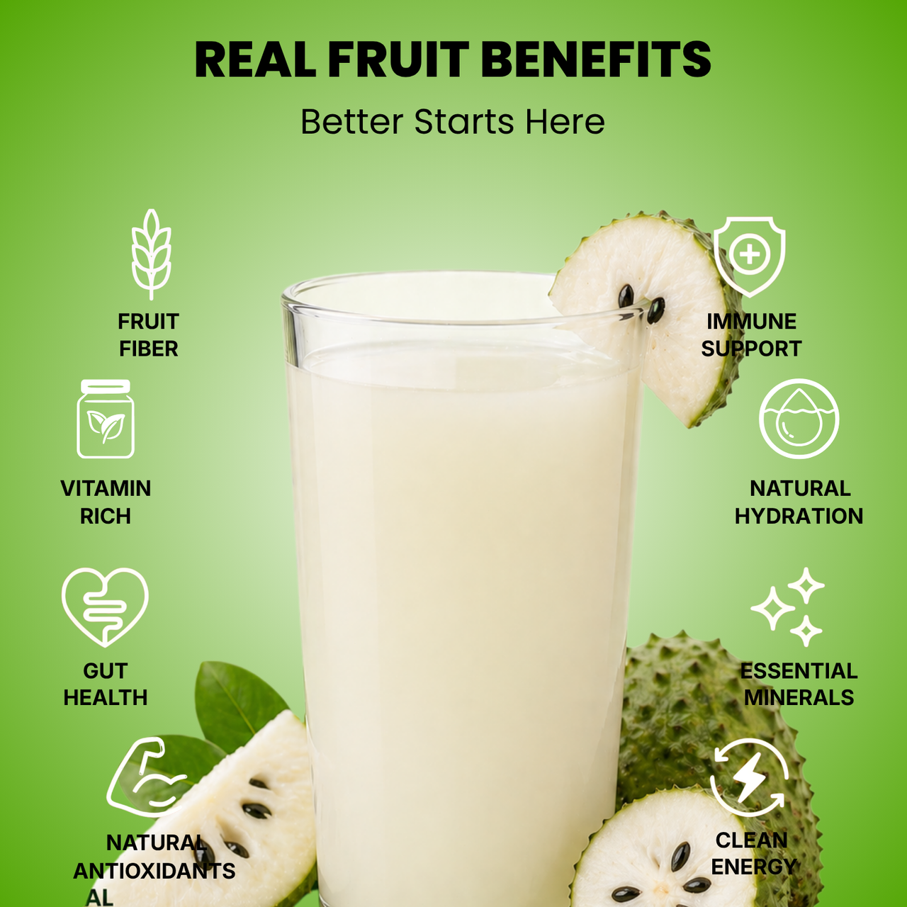 Real fruit benefits infographic for Vinut soursop juice served in a glass with fresh soursop fruit
