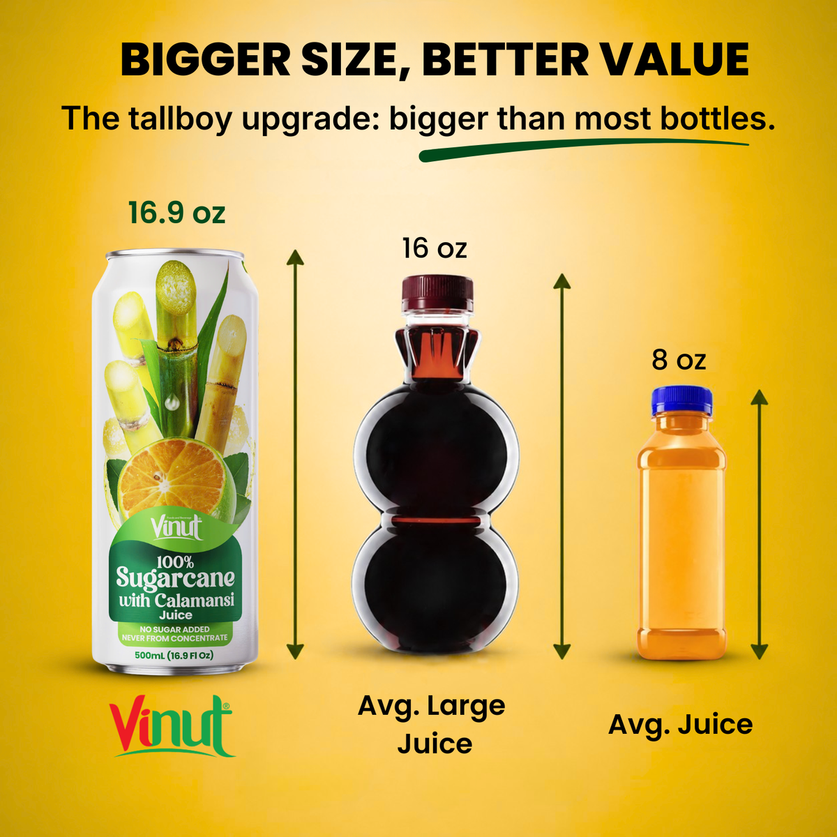 Vinut 16.9 oz Sugarcane with Calamansi juice tallboy can compared with 16 oz and 8 oz juice bottles