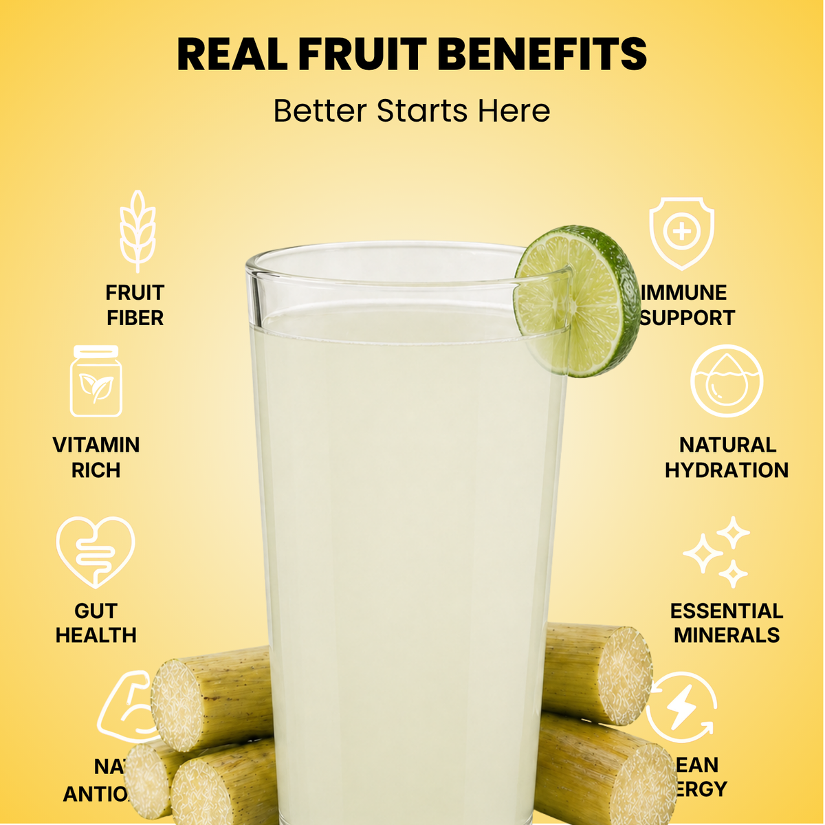 Real fruit benefits infographic for Vinut Sugarcane with Calamansi juice served in a glass with fresh sugarcane