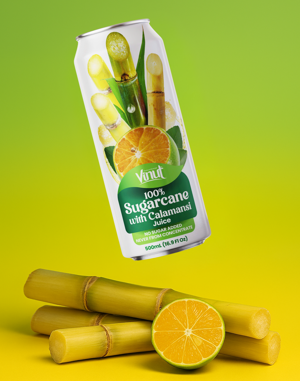 Floating VINUT 100% sugarcane juice can above fresh tropical fruit