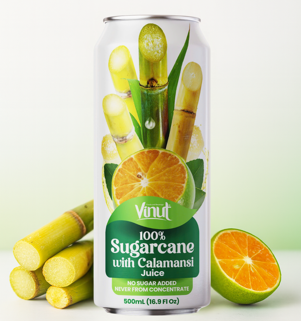 VINUT 100% Sugarcane juice 500 mL can displayed with fresh fruit ingredients