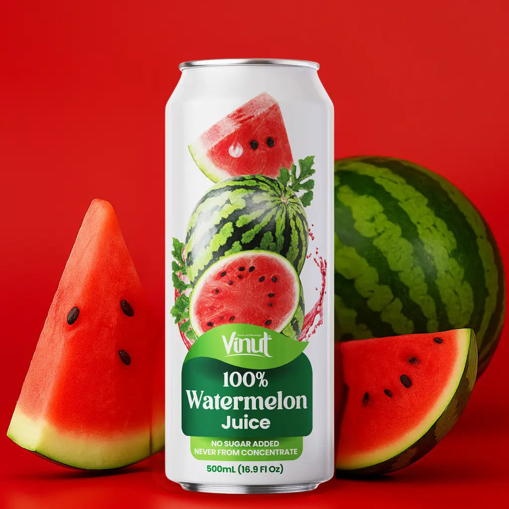 VINUT 100% watermelon juice no pulp 500 mL can displayed with fresh tropical fruit ingredients