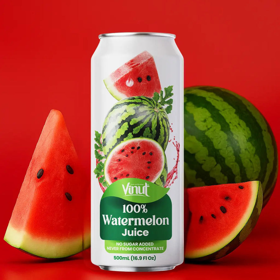 VINUT 100% watermelon juice no pulp 500 mL can displayed with fresh tropical fruit ingredients