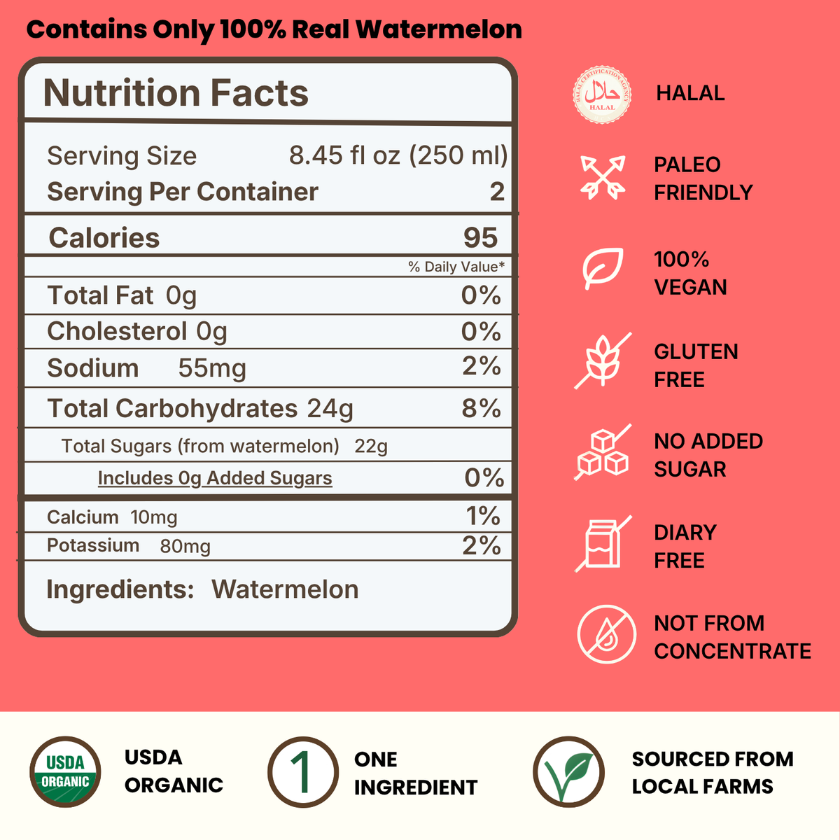 Nutrition Facts and ingredients for VINUT 100% watermelon juice with no added sugar